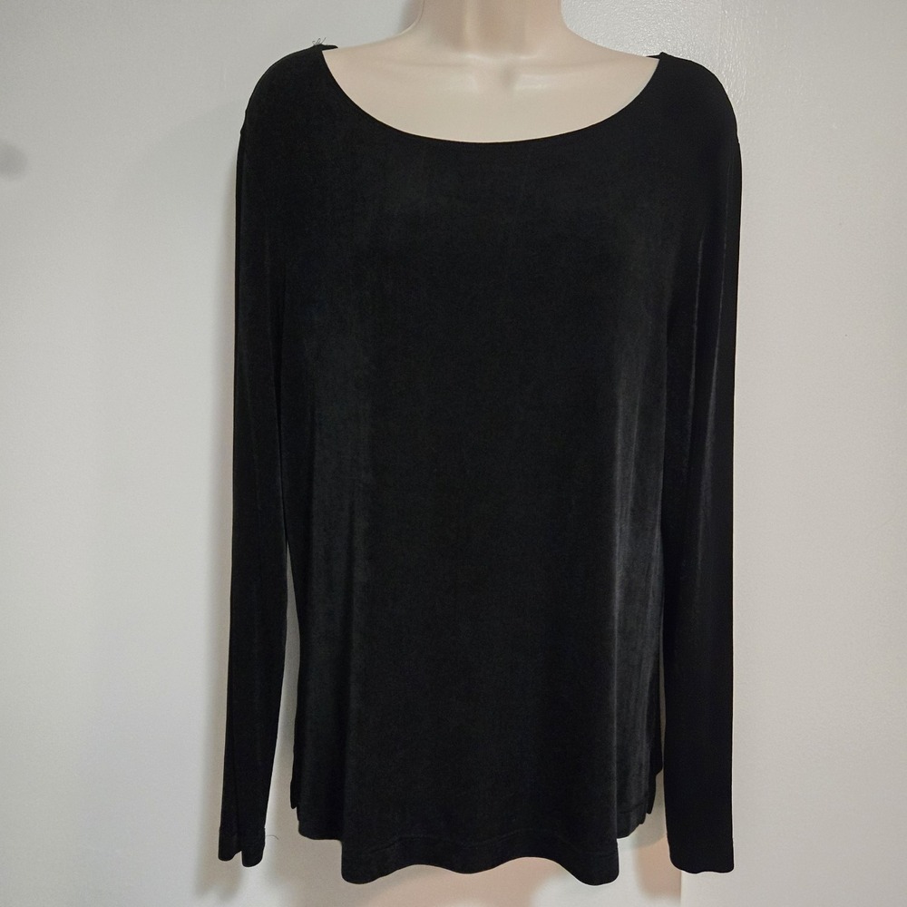 Chico's Travelers Size 2 (L) Black Stretch Knit Long Sleeve Scoop Neck Tunic Top